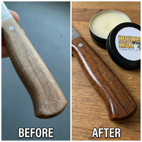 Before and after image of knife handle showing improvement with Straight Up Knife Steel Wax And Rust Preventative Coating For Stainless Carbon And Damascus Blades Cleans Protects And Keeps Edges Slick With Dope Organic Food Safe Formula Made In Usa For Top Tier Gear Heads.