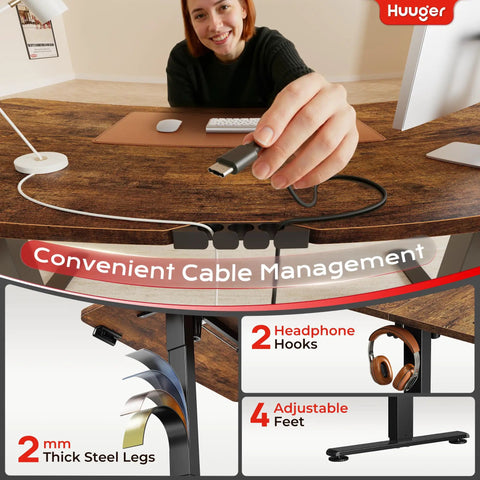 Huuger 47 X 24 Inch Height Adjustable Electric Standing Desk In Rustic Brown showing USB-C port and cable management features.