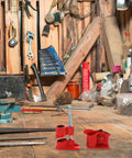 Workbench with tools and Lightweight Half Inch Pipe Clamp With Quick Release Go-To Handy Tool For Woodworking And Gluing Projects, Red Carpenter Clamp For Pipeline Fixing And Secure Wood Work Holding.