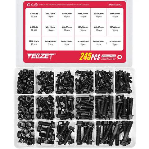 Heavy Duty Flanged Bolts And Nuts Kit Black Alloy Steel Grade 10.9 245 Pieces M6 M8 M10 Hex Flange Head Black Oxide