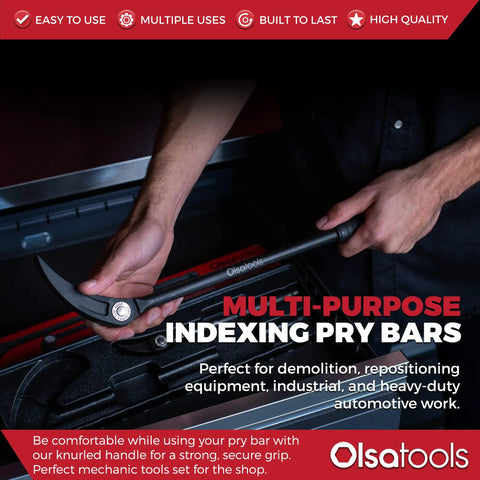 Mechanic holding Beefy Heavy Duty 10 Inch And 20 Inch Indexing Pry Bar Set For Mechanics, showcasing durable steel construction.