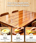 Premium Beeswax Wood Polish and Conditioner application steps on a polished wooden table, showing cleaning, applying, and buffing.