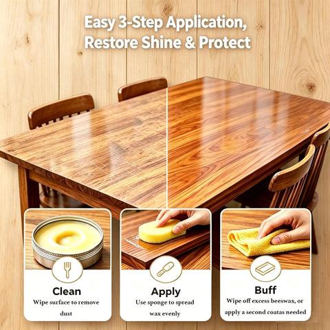 Premium Beeswax Wood Polish and Conditioner application steps on a polished wooden table, showing cleaning, applying, and buffing.