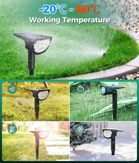 Ultra Dope Solar Outdoor Spotlight Set showing waterproof yard lights in rain, snow, and sunshine, indicating all-weather use.