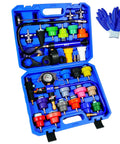 Boss Level 33 Piece Coolant Pressure Tester Kit And Vacuum Refill Tool, blue case with adapters, gauge, and protective gloves.