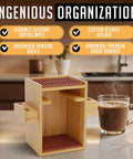 Compact Bamboo AeroPress Organizer Stand For Your Coffee Setup with filter holder, mug rack, and silicone mats in rich brown.