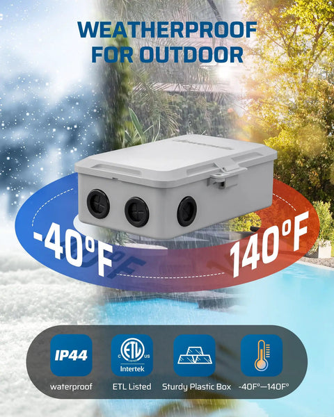 Tough As Nails Outdoor Pool Pump Timer, weatherproof plastic box, usable from -40°F to 140°F for outdoor installations.