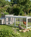 Wooden Chicken Coop For Backyard Poultry Flock With Three Weatherproof Asphalt Roofs Removable Tray Two Nesting Boxes seen in garden