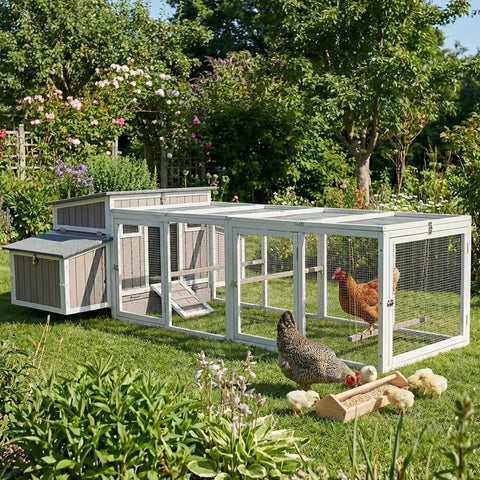 Wooden Chicken Coop For Backyard Poultry Flock With Three Weatherproof Asphalt Roofs Removable Tray Two Nesting Boxes seen in garden
