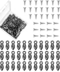 Front view of gunmetal picture frame turn-button fasteners set with 100 screws and backing clips in a storage box.
