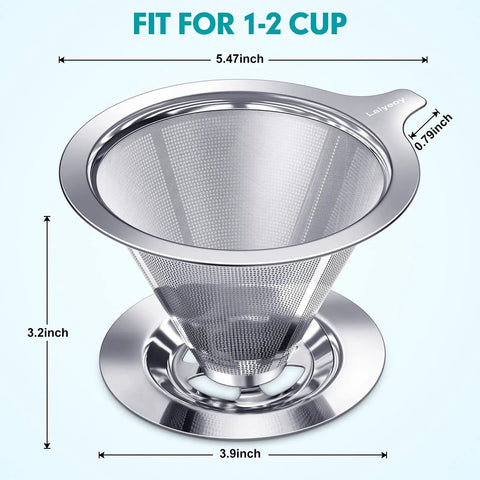 Pour Over Coffee Dripper With Double Mesh Stainless Steel Cone Filter For Single Cup Brew
