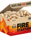 Natural Wood Fire Starters Bulk 150 Count in open box for campfires, fireplaces, grills, BBQ, charcoal, wood stoves, fire pits