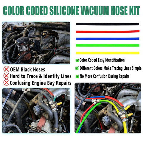 Premium Heavy Duty Vacuum Line Kit For Ford F-150 Trucks From 92 To 96 With 305 Windsor And 351W Engines Perfect Fix For Cracked Hoses To Get Your Ride Running Smooth Again Without The Hassle, color-coded silicone hoses for engine bay repair