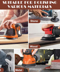 Image of various power sanders demonstrating use on stone, wood, wall, and metal surfaces. "Suitable for Polishing Various Materials" text overlay.