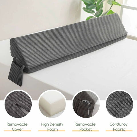 King Size Wedge Pillow for Headboard Gap Filler and Bed Gap Sealer, Adjustable Wedge for Head and Neck Support, Multi Functional Gap Blocker for Bed, Sofa, or Wall Gaps, Seals 0 to 7 Inch Gap, Gray 76 by 11 by 9 Inches; gray corduroy cover