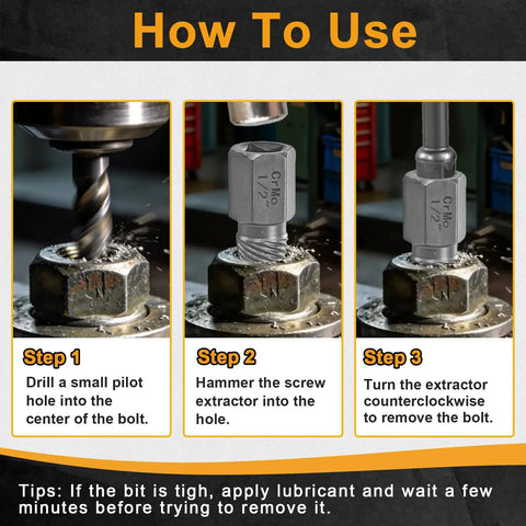 Step-by-step guide using 27 Piece Screw Extractor Set Bolt Extractor Kit For Damaged Bolts Screws And Studs, heat-treated CR MO steel.