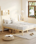 Heavy Duty King Size Wood Platform Bed Frame With Bulletproof Rubber Wood Construction And Slick Natural Finish, minimalist bedroom design.