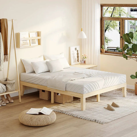 Heavy Duty King Size Wood Platform Bed Frame With Bulletproof Rubber Wood Construction And Slick Natural Finish, minimalist bedroom design.