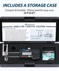Compact 3-In-1 Mini Digital Caliper With Stainless Steel Body 0-25mm Range with LCD Readout and storage case, extra battery included