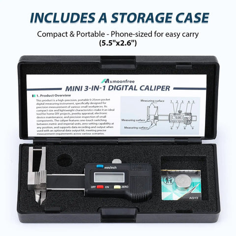 Compact 3-In-1 Mini Digital Caliper With Stainless Steel Body 0-25mm Range with LCD Readout and storage case, extra battery included