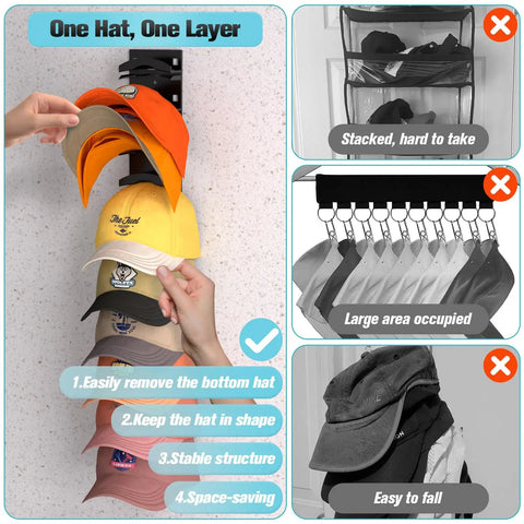 Top Tier Adhesive Hat Organizer Two Pack For Baseball Caps Wall Mount Rack Strong Grip Holds Up To Twenty Hats One Per Layer Keeps Your Cap Stash Fresh For Closet Door Or Shelf Black