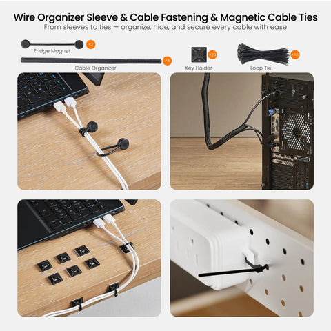 Dope 316 Piece Cable Management Organizer Kit with raceways, clips, sleeves, ties for desk setup shown in four images