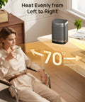 Space Heater 1500W Portable Electric Heater 70 Degree Oscillation Indoor Use with woman sipping coffee