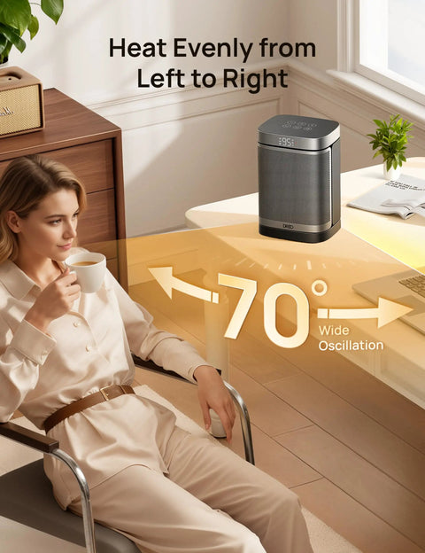 Space Heater 1500W Portable Electric Heater 70 Degree Oscillation Indoor Use with woman sipping coffee