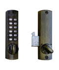 C150AB surface-mount hook bolt lock with digital keypad; front keypad panel and latch-side view.