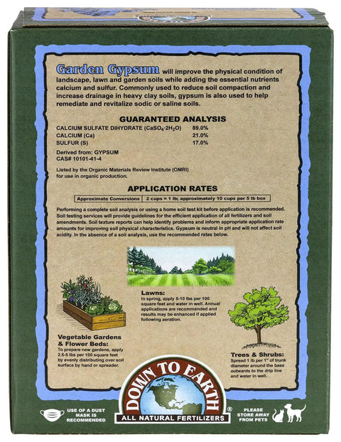 Back view of Organic Garden Gypsum Calcium Sulfate Granules For Clay Soil Greens Grade Mini Granules 5 Lb Bag showing application rates and benefits.