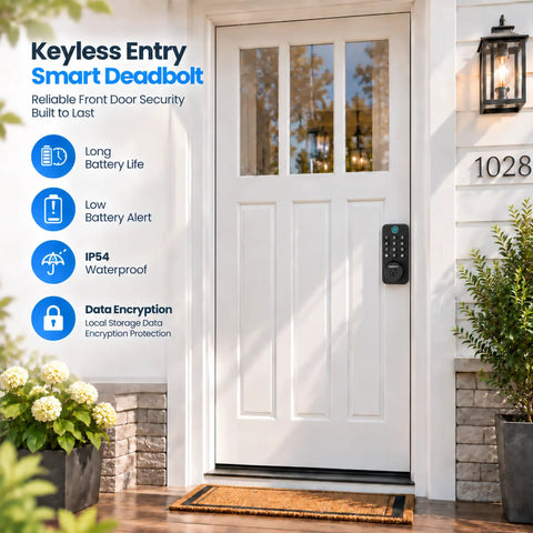 Lightning Fast Biometric Fingerprint Deadbolt Delivering Totally Hassle Free Keyless Entry Door Lock Setup With Responsive Smart Keypad And Two Backup Keys For Reliable Everyday Home Security In Rich Black mounted on a white door.