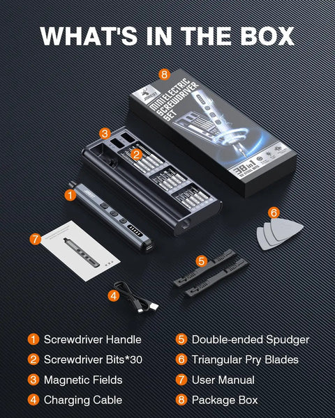 Cordless Precision Mini Electric Screwdriver Kit with 38 Magnetic Bits, 5 Adjustable Torque Settings showing components