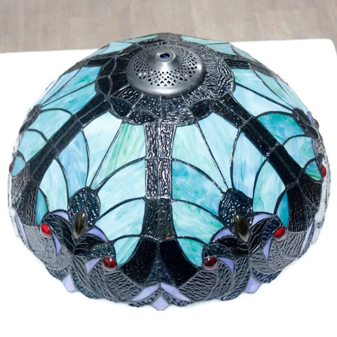 Green Liaison Tiffany Style Stained Glass Ceiling Light Fixture Semi Flush Mount Lamp displaying multicolored stained glass shade