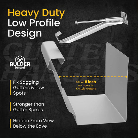 5-Inch Quick-Mount Gutter Hangers With Hidden Brackets, Heavy-Duty Support, Pre-Assembled Gutter Screws, DIY Rain Gutter Fix For Sagging Gutters, Compatible With Aluminum Gutters, Includes 50 Count, illustrated side view with screw
