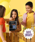 Children playing with Electronic Piggy Bank For Kids With Passcode Lock And ATM Style Safe, girl holding in front.