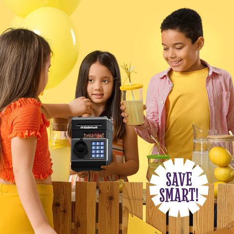 Children playing with Electronic Piggy Bank For Kids With Passcode Lock And ATM Style Safe, girl holding in front.