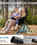 Mother and daughter sitting on oversized padded hammock camping chair with storage pockets heavy duty foldable rocking camp chair that supports up to 400lbs portable with carry bag perfect for outdoors and backyards.