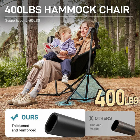 Mother and daughter sitting on oversized padded hammock camping chair with storage pockets heavy duty foldable rocking camp chair that supports up to 400lbs portable with carry bag perfect for outdoors and backyards.