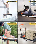 Heavy Duty Adjustable Work Bench And Rolling Tool Storage Cart With Four Locking Caster Wheels Transforms Into Sawhorse Scaffold And Hand Truck for versatile projects.