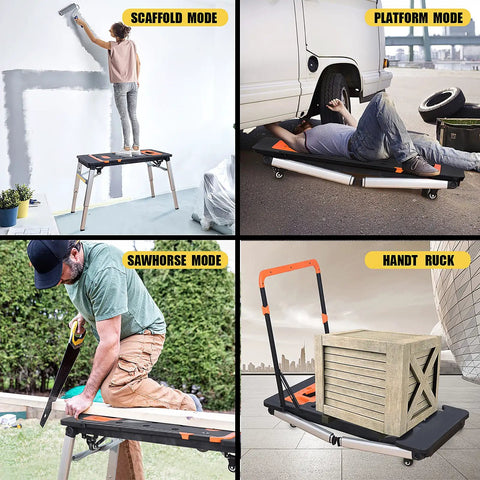 Heavy Duty Adjustable Work Bench And Rolling Tool Storage Cart With Four Locking Caster Wheels Transforms Into Sawhorse Scaffold And Hand Truck for versatile projects.
