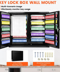 440 Key Lock Box With Wall Mount And Dual Doors Beefy Heavy Duty Steel Key Cabinet 20 Adjustable Hook Plates Index Log And Tags 440 Key Storage For Garage And Home Office Security Black with open doors showing colorful tags.