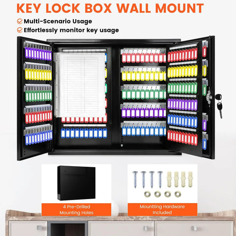 440 Key Lock Box With Wall Mount And Dual Doors Beefy Heavy Duty Steel Key Cabinet 20 Adjustable Hook Plates Index Log And Tags 440 Key Storage For Garage And Home Office Security Black with open doors showing colorful tags.