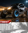 Can Am Maverick X3 off-road at night with listings of compatible 2017-2021 models, highlighting fitment for radius rods