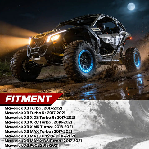 Can Am Maverick X3 off-road at night with listings of compatible 2017-2021 models, highlighting fitment for radius rods