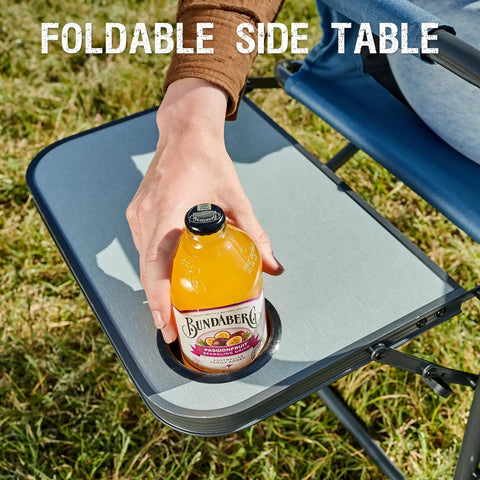 Person placing drink on Directors Chair For Outdoors With Side Table Foldable Camping Chair For Adults Lightweight Heavy Duty