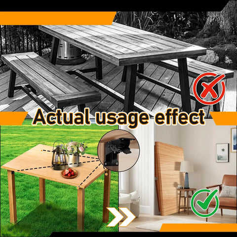 Heavy Duty Folding Brackets 4 Pack Locking Hinge Mounting Screws in different table setups demonstrating versatility and space-saving design.