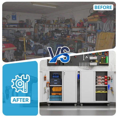 Before and after of a garage with clutter, then organized with Heavy Duty Metal Garage Cabinet On Wheels With Pegboard And Locking Doors.