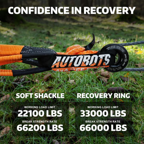 Close-up of Soft Shackle Recovery Kit 3/4 Inch By 24 Inch 66,200 Lb Break Strength Two Pack With Snatch Ring in use outdoors