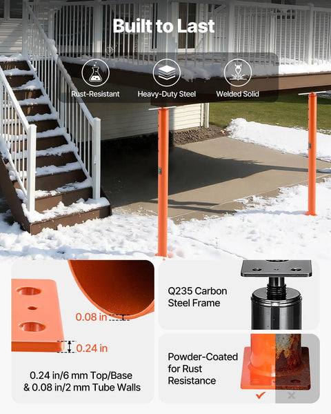 VEVOR 2 Pack Telescoping Jack Posts Heavy Duty Steel Support Beams Adjustable House Floor Jacks showcasing details for rust resistance and dimensions.