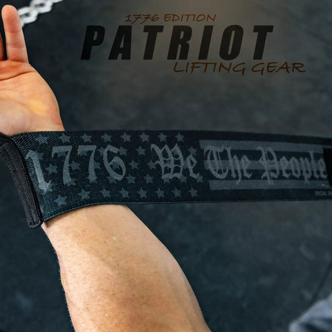 Close-up of 18 Inch Heavy Duty Wrist Wraps For Weightlifting And Powerlifting With Ultra Strong Support in use, 1776 edition.